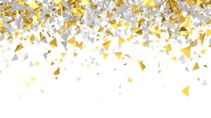 Falling gold and silver confetti triangles create a festive, celebratory atmosphere isolated on white or trasparent png