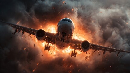Airplane Flying Through Fire and Smoke in Dramatic Scene