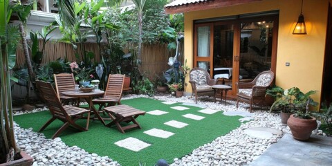 Enjoy Outdoor Living With Tropical Garden And Patio, Peaceful Relaxation Spot
