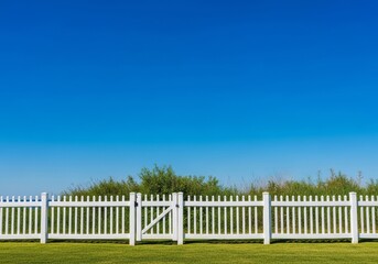 Fototapeta premium Peaceful White Fence Under Blue Sky - Serene landscape, white picket fence, vibrant green grass, clear blue sky, symbolizes peace, tranquility, and simple beauty