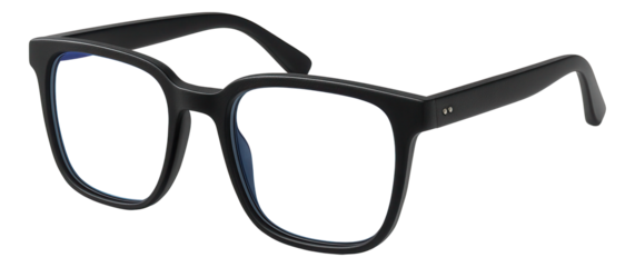 Classic black square eyeglasses with thin frames are shown angled slightly, highlighting their sleek modern design on transparent background.