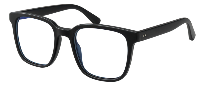 Classic black square eyeglasses with thin frames are shown angled slightly, highlighting their sleek modern design on transparent background.