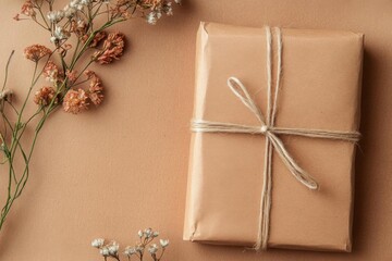 Wrapped Gift With Dried Flowers On Neutral Color For A Thoughtful Theme