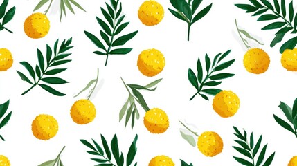Obraz premium Yellow fruit and dark green leaves pattern