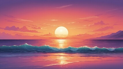 Vibrant sunset over calm ocean waves on serene beach landscape  
