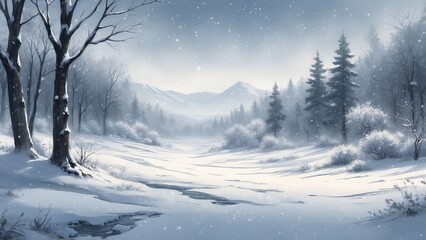 Snowy winter landscape with trees and mountains in soft light  