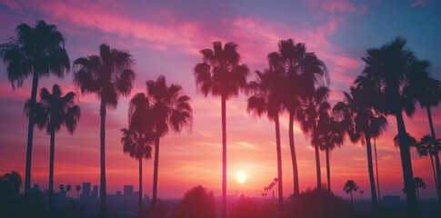 Silhouetted Palms against Vibrant Sunset, a Tropical Evening, Dreamy Skies