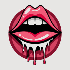 Red dripping girl lips. Woman bleeding sexy red mouth. Melting kiss with lipstick, Valentines, mothers day logo vector illustration