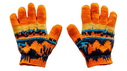 Pair of knitted orange winter gloves with patterned design isolated on white or trasparent png background
