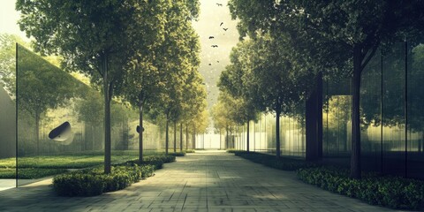 Greenery And Glass, a Serene Architectural View with Birds Flying Above