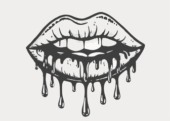 Woman bleeding sexy red mouth. Melting kiss with lipstick vintage style Minimalist concept vector illustration