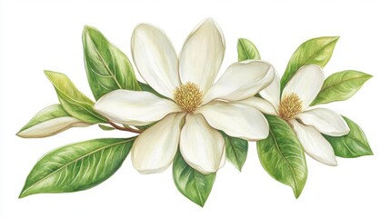 White Flower Blossom with Green Leaves, Beauty and Tranquility Theme