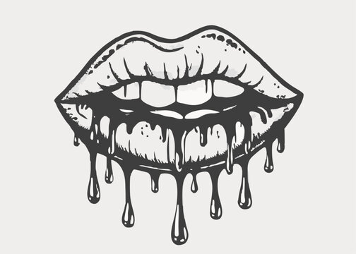 Woman bleeding sexy red mouth. Melting kiss with lipstick vintage style Minimalist concept vector illustration