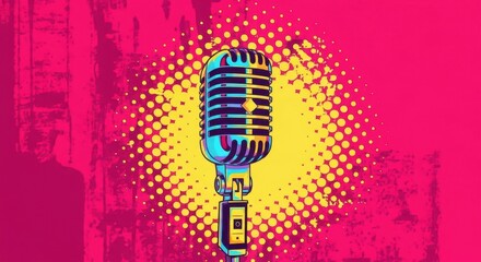 Fototapeta premium Vintage Microphone on pink and yellow halftone background