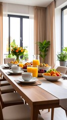 Bright Sunlit Dining Table Set with Fresh Orange Juice, Fruit Bowls, Cereal, and Coffee Cups
