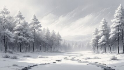 Winter landscape with snow-covered trees and a winding river  