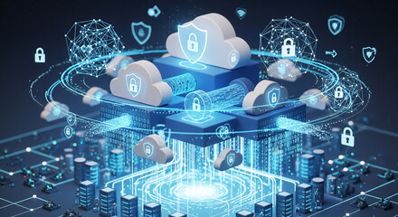 Futuristic 3D cloud computing hub with glowing blue data streams security shields and padlock icons.