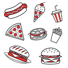Fast food icon set with burgers pizza sandwiches and other meal illustrations in vector design style.