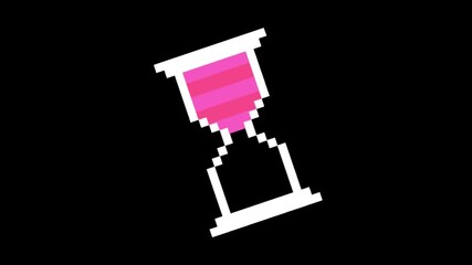 Pixel art hourglass with pink sand, a retro 8-bit digital icon representing time passing, a loading process, or a game countdown timer.