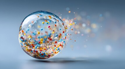 Levitating Water Droplet with Colorful Confetti Microplastics