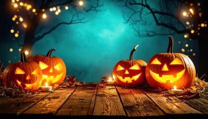 Halloween pumpkins on a wooden table.