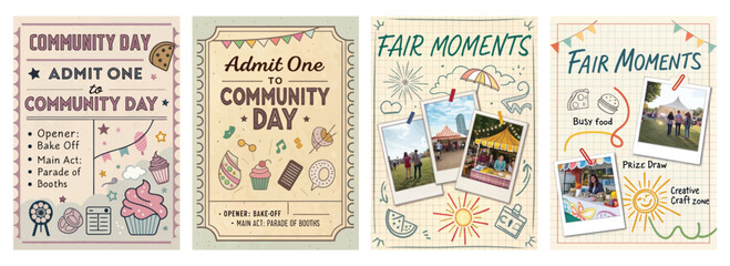 Set of four posters featuring vibrant community event flyers with bake-offs parades live music and crafts