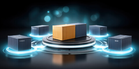 Container loading area with digital futuristic technology and glowing blue light effects showing logistics and transport concept