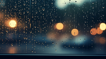 Rain or Dew Droplets on Glass Window with Blurred Background and Natural Light, Rain Droplets on Glass, Glass Surface Condensation, Blurred background through glass, moody rain window photo