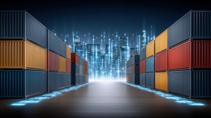 Fototapeta premium Container loading area with stacked cargo containers and futuristic cityscape in background glowing with digital lights