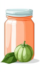 Orange jar with green fruit and leaves