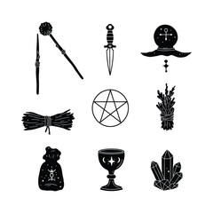 Fototapeta premium Witchcraft tools and mystical symbols icon set. A black silhouette collection of pagan and wiccan elements for magic and esoteric ritual.