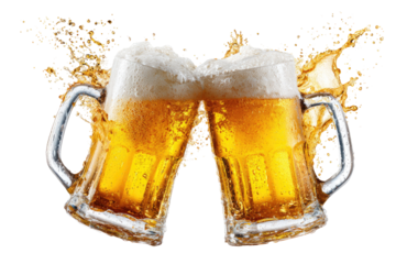 Two beer mugs clinking, frothy tops, splashing