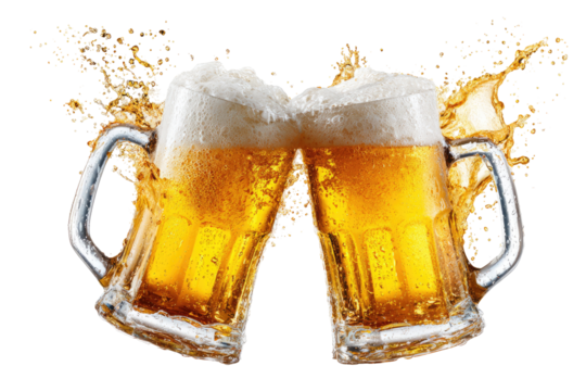 Two beer mugs clinking, frothy tops, splashing