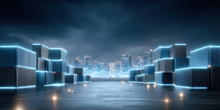 Futuristic container loading area with glowing stacked containers under cloudy sky and city skyline in background creating dramatic scene
