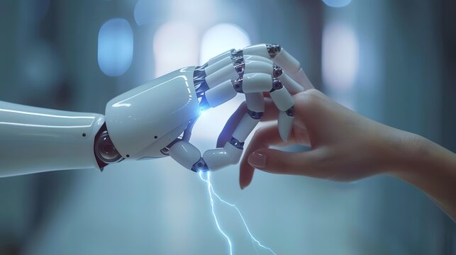 Robotic hand touching human hand with digital data transfer