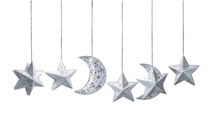 Silver decorative stars and crescent moons hanging isolated on white or trasparent png