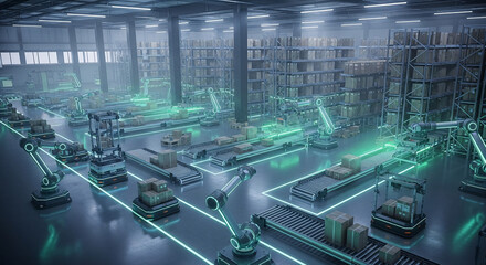 Futuristic automated warehouse with robotic arms AGVs and glowing green conveyor systems.