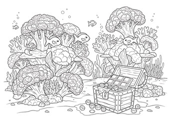 Whimsical cartoon broccoli coral reef with candy treasure coloring page