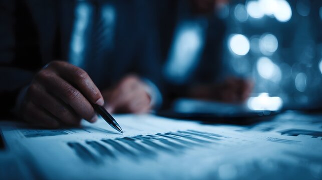 A person focused on analyzing financial data and reports in a dimly lit office  long title A focused individual deeply engrossed in reviewing