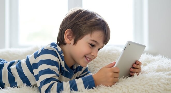 Young boy enjoys tablet device while relaxing on a soft white blanket