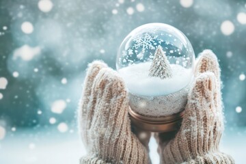 Woolen mittens holding snow globe in winter