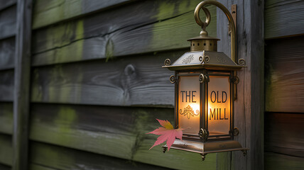 A warm lantern glows on a dark wooden wall, wrapped in ivy and with a single maple leaf.