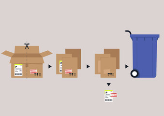 Demonstrating how to properly cut and sort paper trash cardboard pieces for disposal, emphasizing waste management practices in a tidy urban environment, promoting sustainability efforts