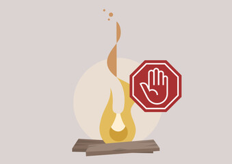 Prominent display of a vibrant fire symbol alongside the universal stop sign, emphasizing the urgency of fire safety and effective hazard management techniques in communal spaces