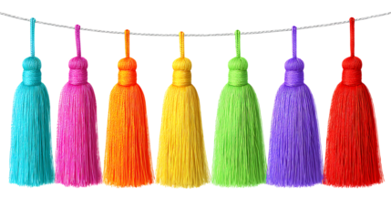 Row of seven colorful ornamental tassels hanging from a silver string isolated on white or trasparent png.