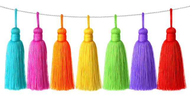 Row of seven colorful ornamental tassels hanging from a silver string isolated on white or trasparent png.