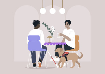 Two individuals at a cozy Cafe, surrounded by soft lighting and cheerful decor, one of them holding a white cane,  a service dog by their side creating a safe atmosphere
