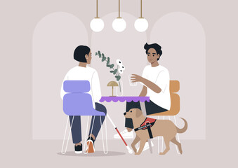 Two individuals at a cozy Cafe, surrounded by soft lighting and cheerful decor, one of them holding a white cane,  a service dog by their side creating a safe atmosphere