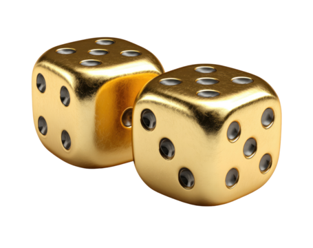 Two golden dice, close-up.  Shiny, metallic gold cubes with dark gray pips.  Isolated on black background
