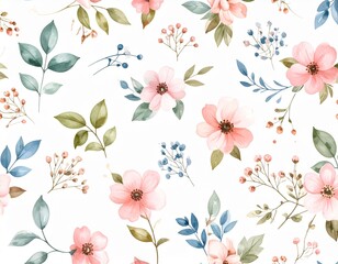 白い背景にパステルカラーの水彩の可愛い花柄のシームレス背景	